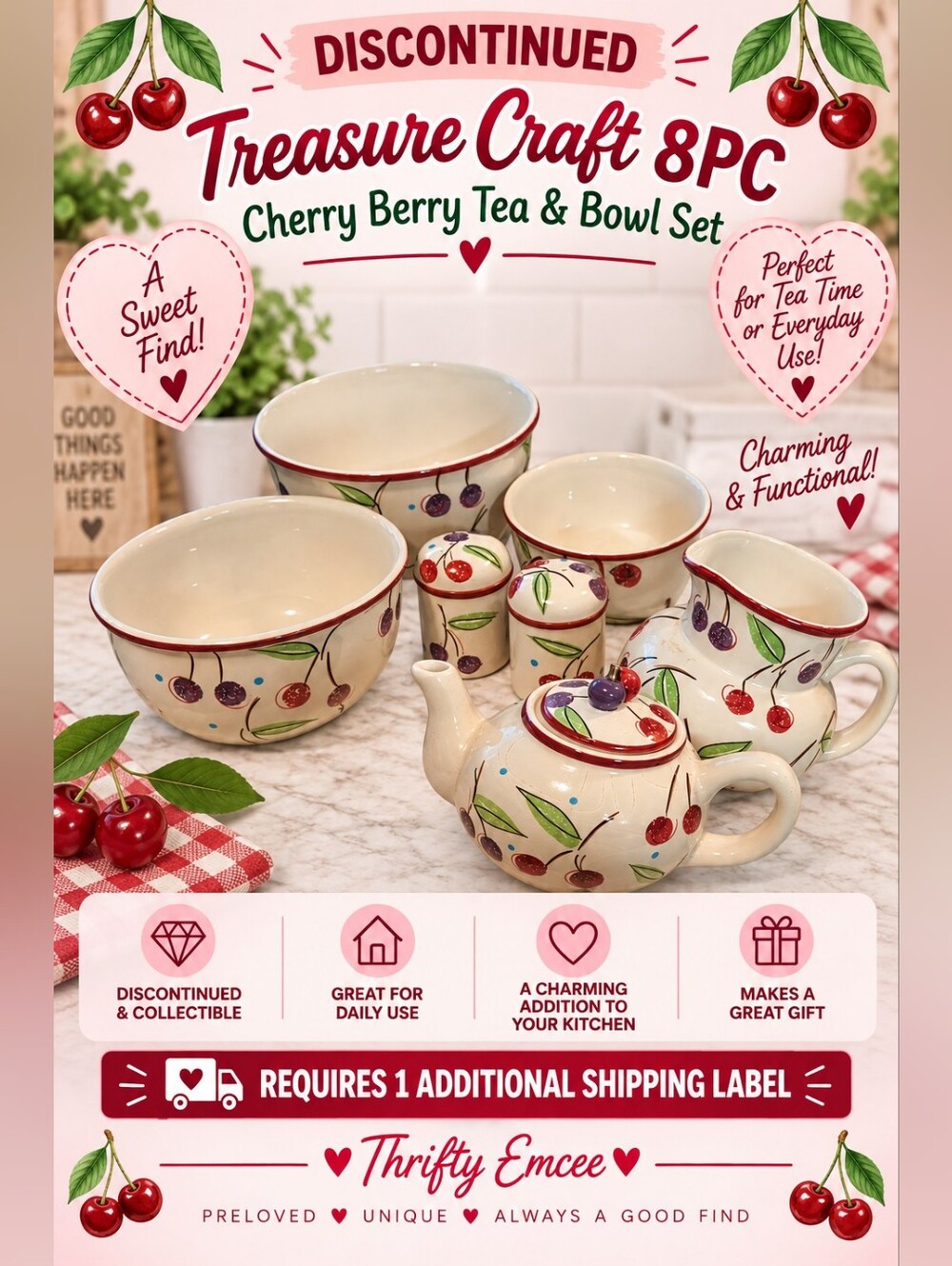 *VINTAGE* TREASURE CRAFT 8PC TEA & BOWL SET • 📬 Requires Addt'l Shipping Label